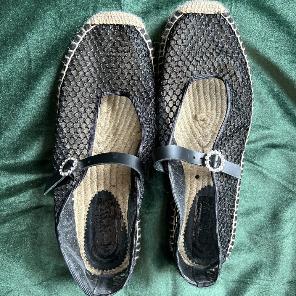 J. Crew Mesh Black Espadrille Mary Jane Flats Size 9